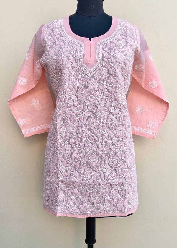 Lucknowi Chikankari Short Kurti Peach Cotton