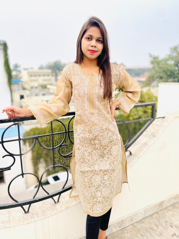 Lucknowi Chikankari Kurti Brown Cotton