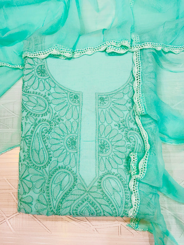 Lucknowi Chikankari Suit Length 3 Piece Sea Green Cotton