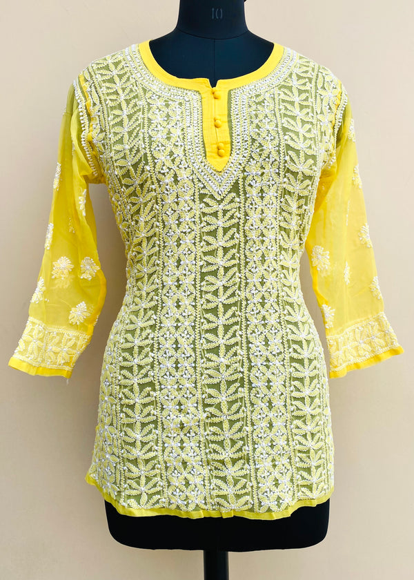 Lucknowi Chikankari Short Kurti Yellow Faux Georgette