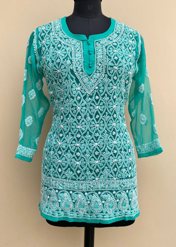 Lucknowi Chikankari Short Kurti Sea Green Faux Georgette