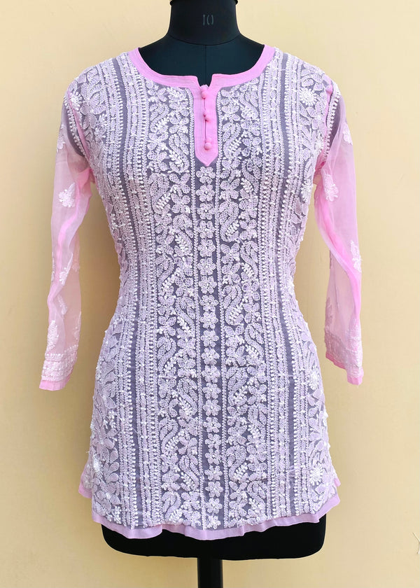 Lucknowi Chikankari Short Kurti Pink Faux Georgette