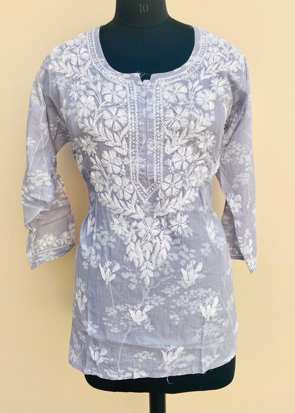 Lucknowi Chikankari Printed Short Kurti Gray Mulmul Cotton