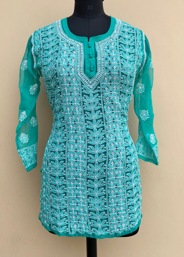 Lucknowi Chikankari Short Kurti Sea Green Faux Georgette