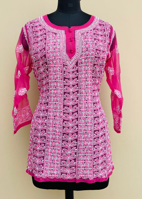 Lucknowi Chikankari Short Kurti Pink Faux Georgette