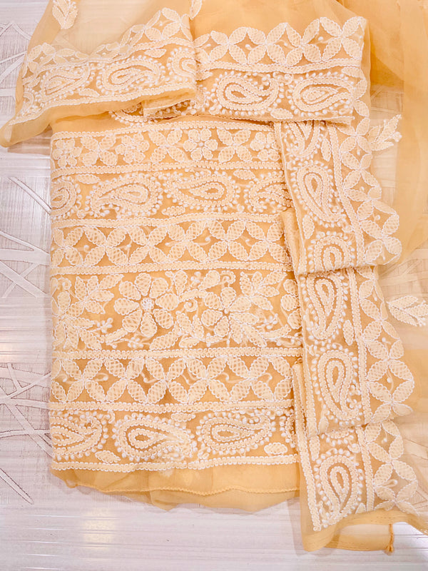 Lucknowi Chikankari Suit Length 3 Piece Beige Faux Georgette