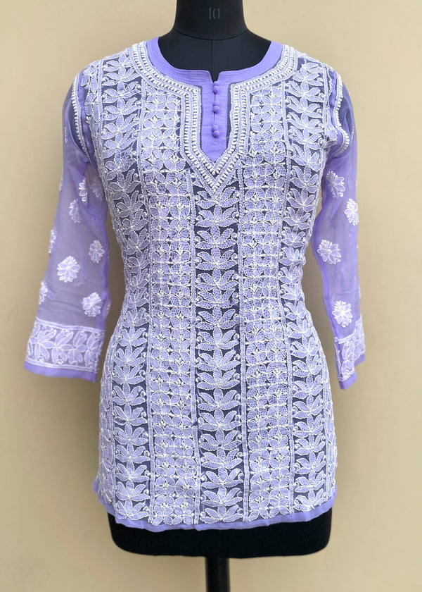 Lucknowi Chikankari Short Kurti Purple Faux Georgette