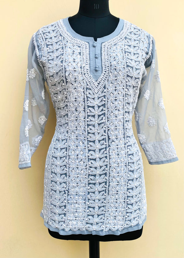 Lucknowi Chikankari Short Kurti Gray Faux Georgette