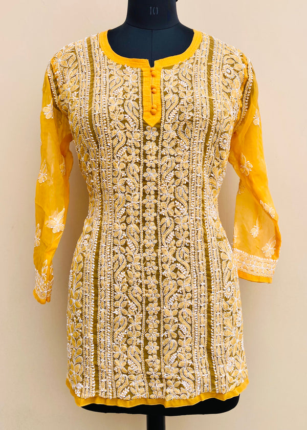 Lucknowi Chikankari Short Kurti Mustard Faux Georgette