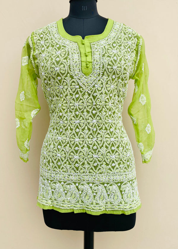 Lucknowi Chikankari Short Kurti Green Faux Georgette