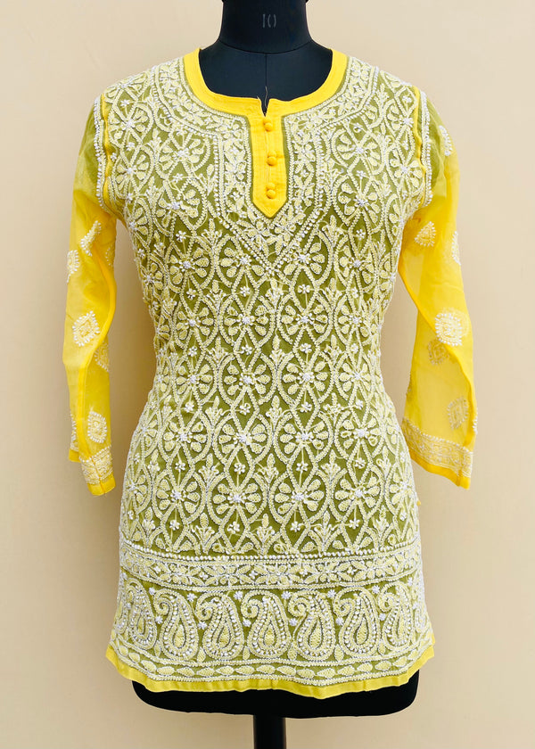 Lucknowi Chikankari Short Kurti Yellow Faux Georgette