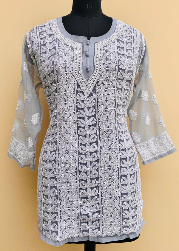 Lucknowi Chikankari Short Kurti Gray Faux Georgette