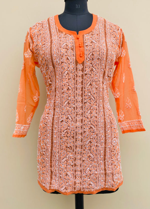 Lucknowi Chikankari Short Kurti Orange Faux Georgette