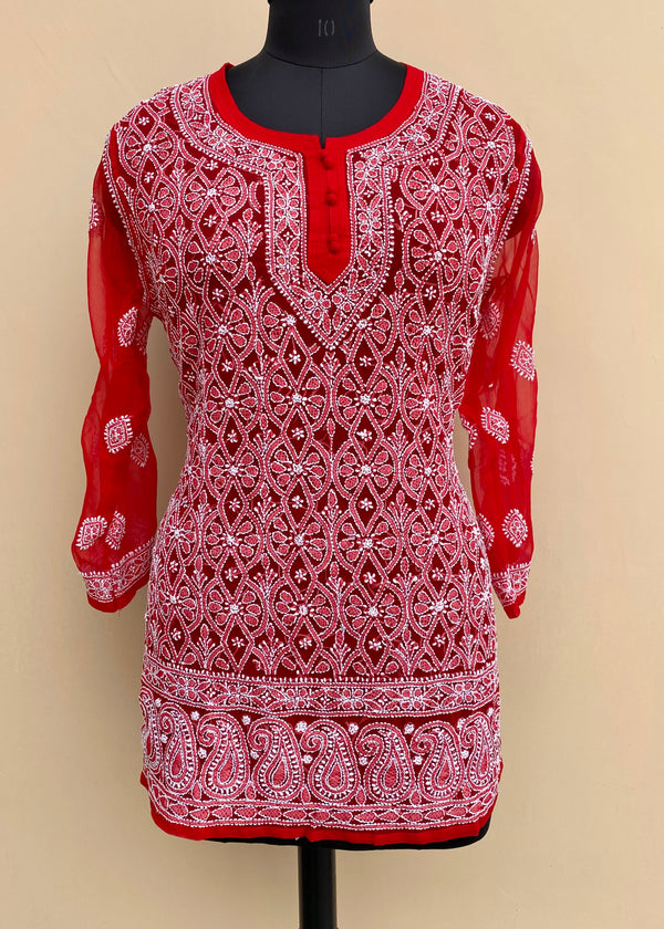 Lucknowi Chikankari Short Kurti Red Faux Georgette