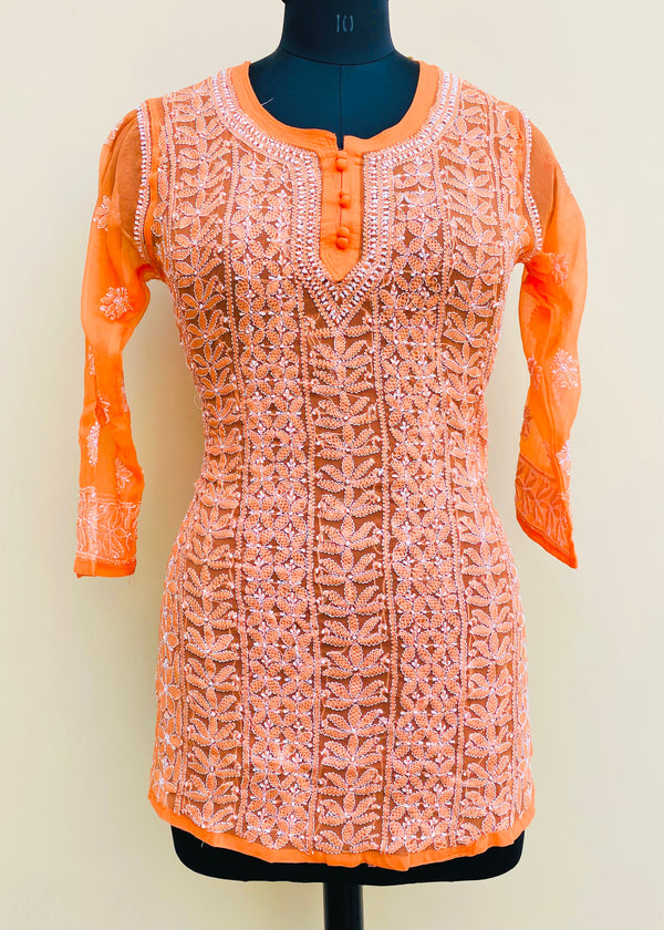 Lucknowi Chikankari Short Kurti Orange Faux Georgette