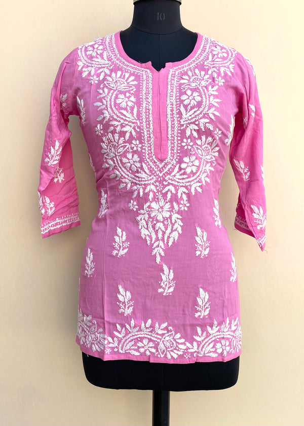 Lucknowi Chikankari Short Kurti Pink Modal