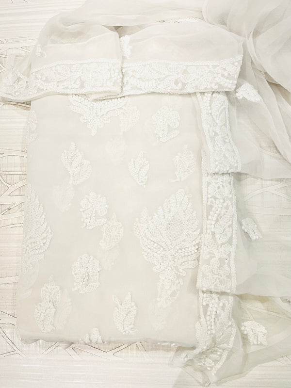 Lucknowi Chikankari Suit Length 3 Piece White Faux Georgette