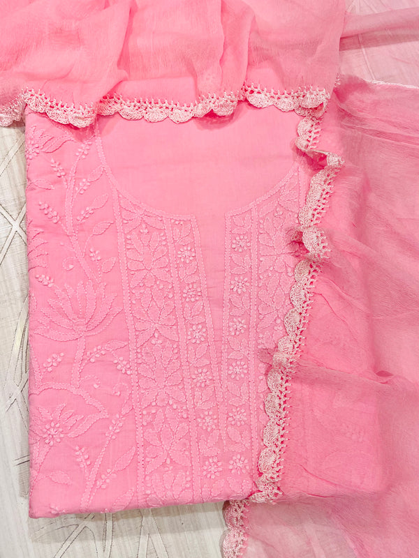 Lucknowi Chikankari Suit Length 3 Piece Pink Muslin