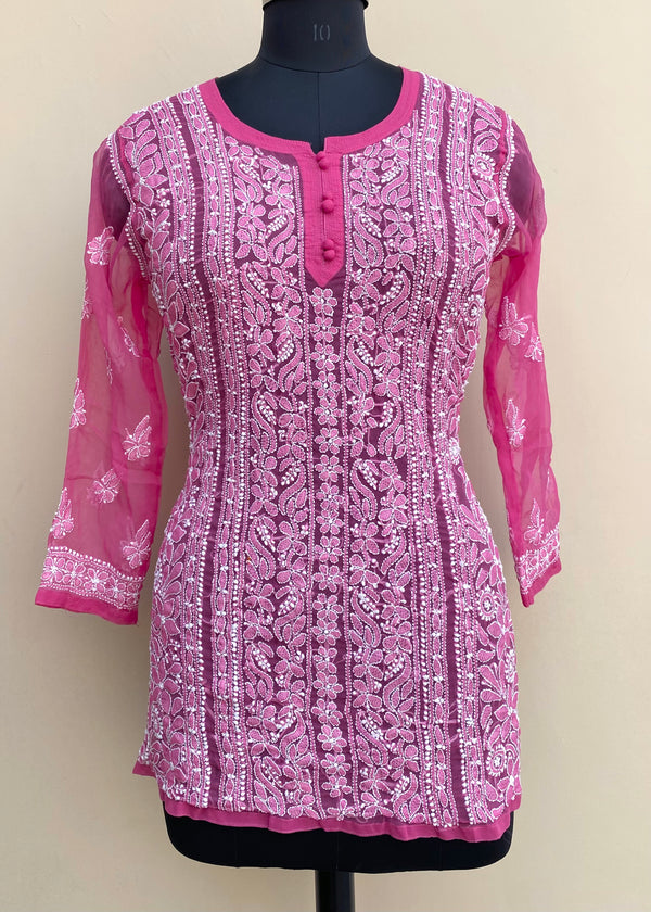 Lucknowi Chikankari Short Kurti Pink Faux Georgette