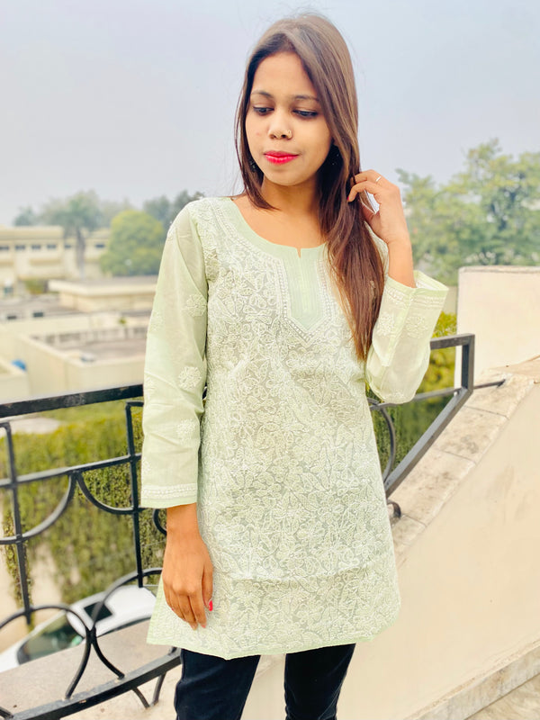 Lucknowi Chikankari Short Kurti Pista Green Cotton