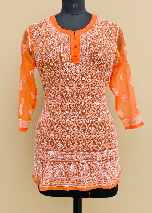 Lucknowi Chikankari Short Kurti Orange Faux Georgette