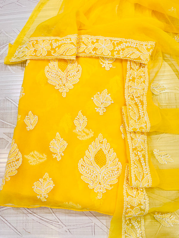 Lucknowi Chikankari Suit Length 3 Piece Yellow Faux Georgette