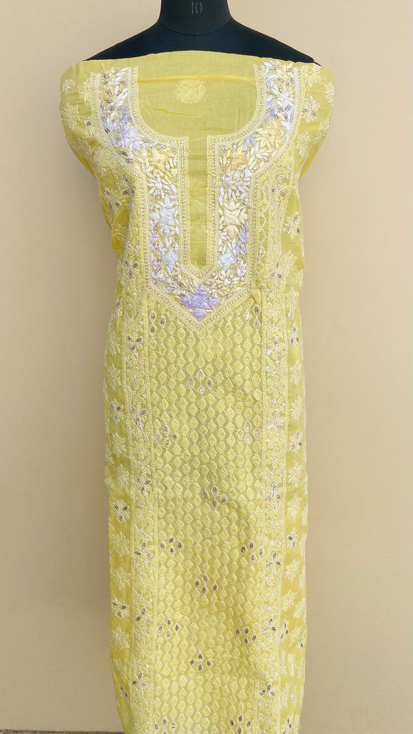 Lucknowi Chikankari Kurta Length Yellow Cotton with Parsi Work & Gotta Patti Work