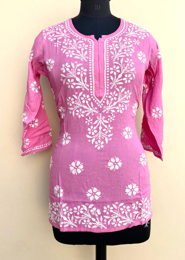 Lucknowi Chikankari Short Kurti Pink Modal