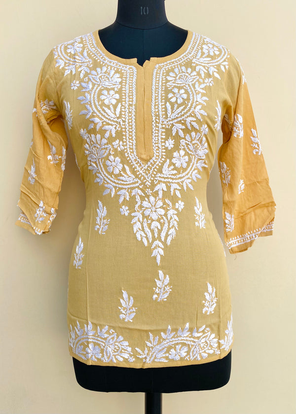 Lucknowi Chikankari Short Kurti Beige Modal