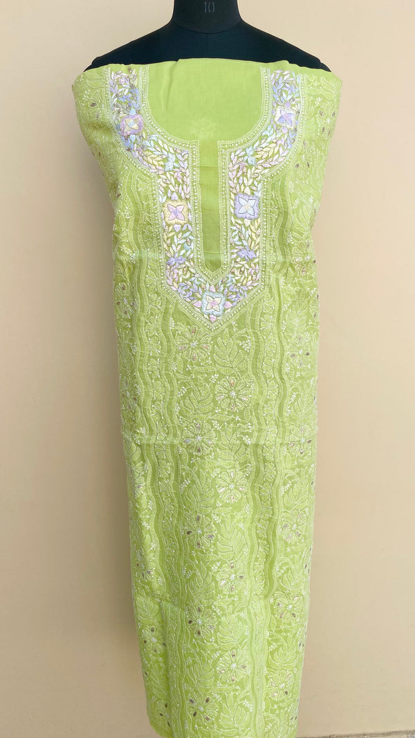 Lucknowi Chikankari Kurta Length Green Cotton with Parsi Work & Gotta Patti Work