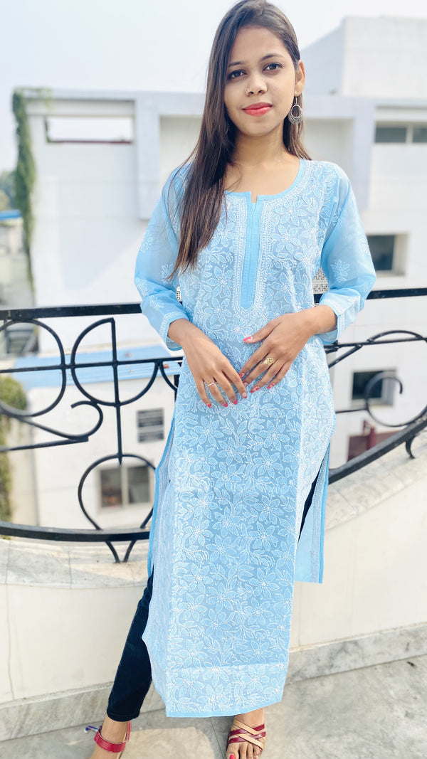 Lucknowi Chikankari Kurti Blue Cotton