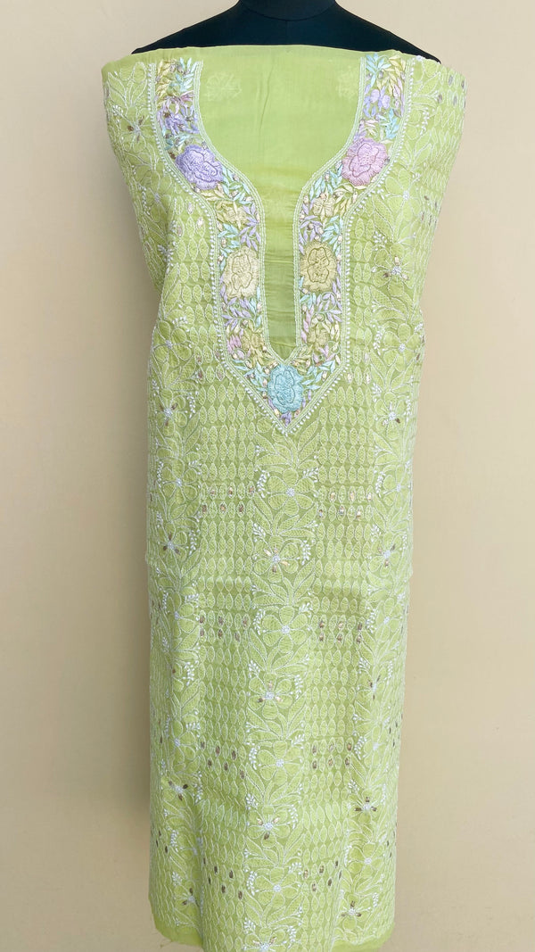 Lucknowi Chikankari Kurta Length Green Cotton with Parsi Work & Gotta Patti Work