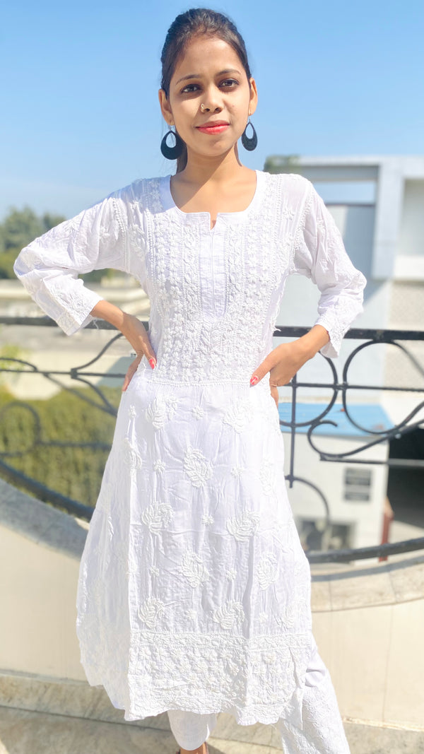 Lucknowi Chikankari Kurti White On White Modal Cotton