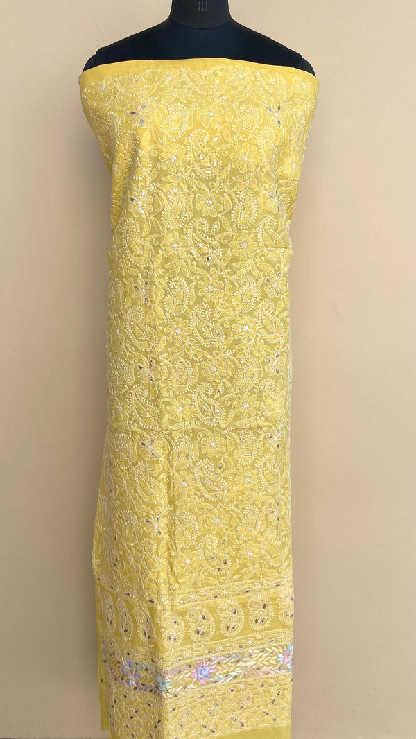 Lucknowi Chikankari Kurta Length Yellow Cotton with Gotta Patti Work