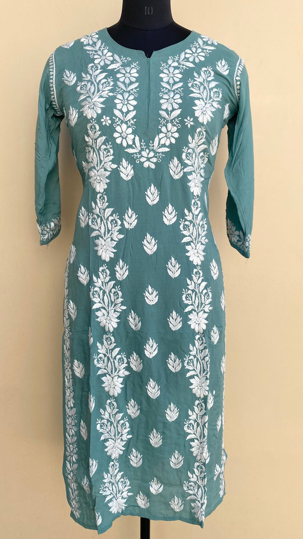 Lucknowi Chikankari Kurti Teal Green Modal Cotton