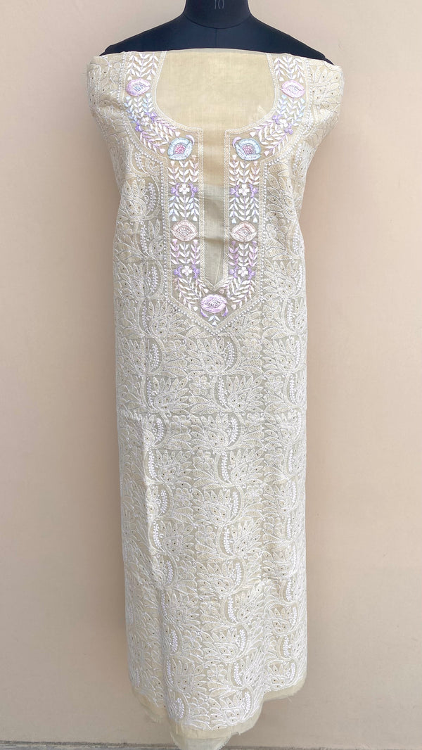 Lucknowi Chikankari Kurta Length Cream Cotton with Parsi Work & Mukaish Work