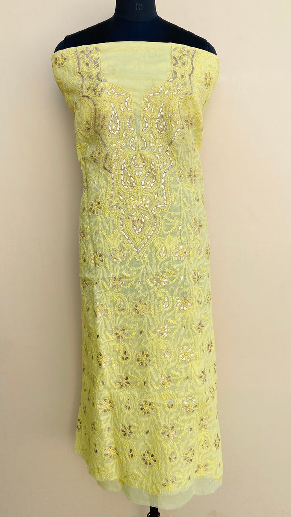 Lucknowi Chikankari Kurta Length Yellow Cotton with Gotta Patti Work