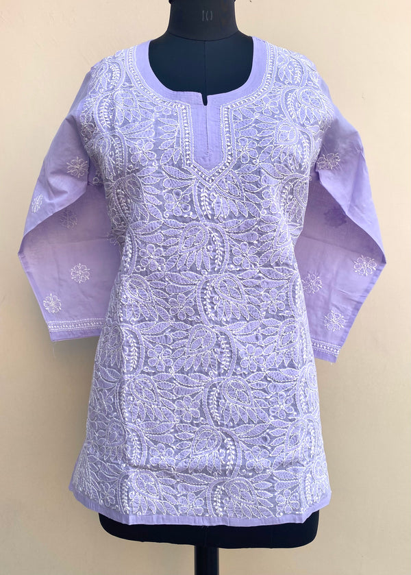 Lucknowi Chikankari Short Kurti Purple Cotton