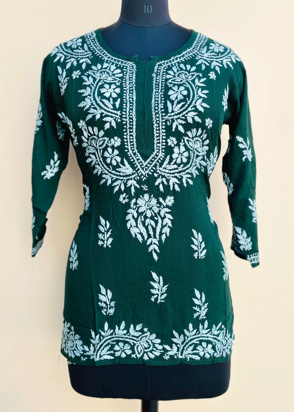 Lucknowi Chikankari Short Kurti Green Modal