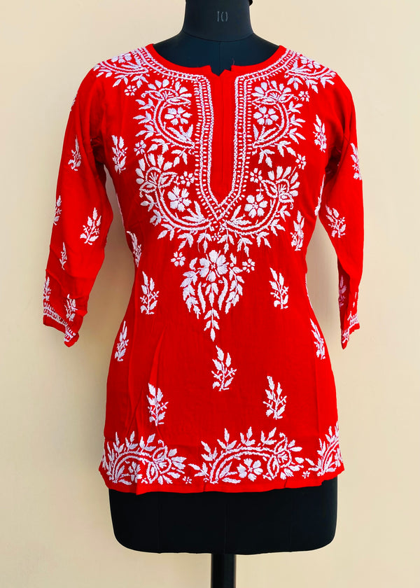 Lucknowi Chikankari Short Kurti Red Modal