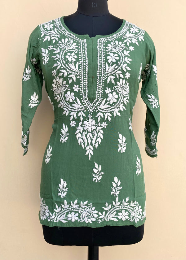 Lucknowi Chikankari Short Kurti Green Modal