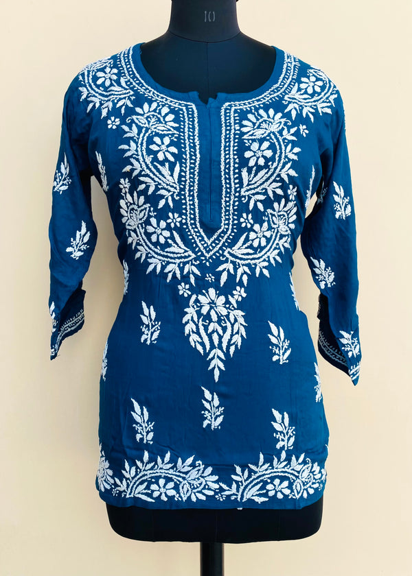 Lucknowi Chikankari Short Kurti Blue Modal