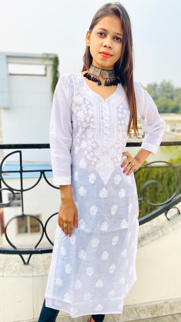 Lucknowi Chikankari Kurti White On White Cotton