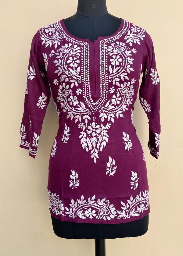 Lucknowi Chikankari Short Kurti Wine Modal