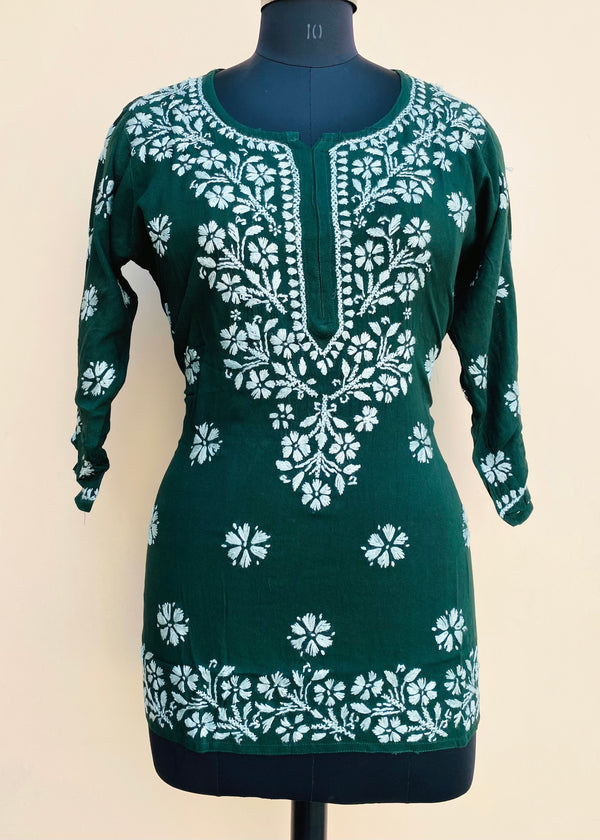 Lucknowi Chikankari Short Kurti Green Modal