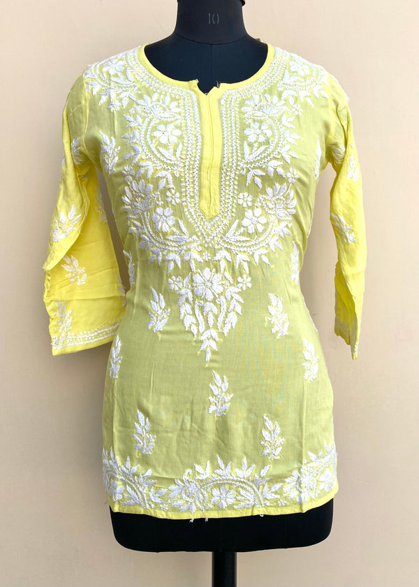 Lucknowi Chikankari Short Kurti Lemon Yellow Modal