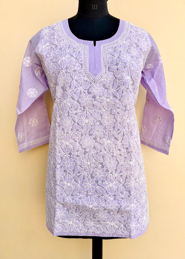 Lucknowi Chikankari Short Kurti Purple Cotton