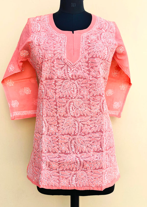 Lucknowi Chikankari Short Kurti Pink Cotton