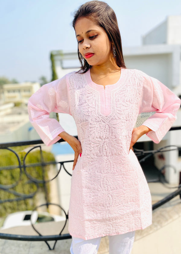 Lucknowi Chikankari Short Kurti Pink Cotton