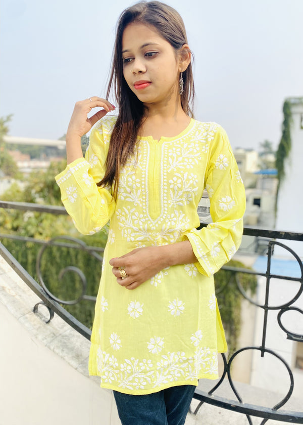 Lucknowi Chikankari Short Kurti Lemon Yellow Modal